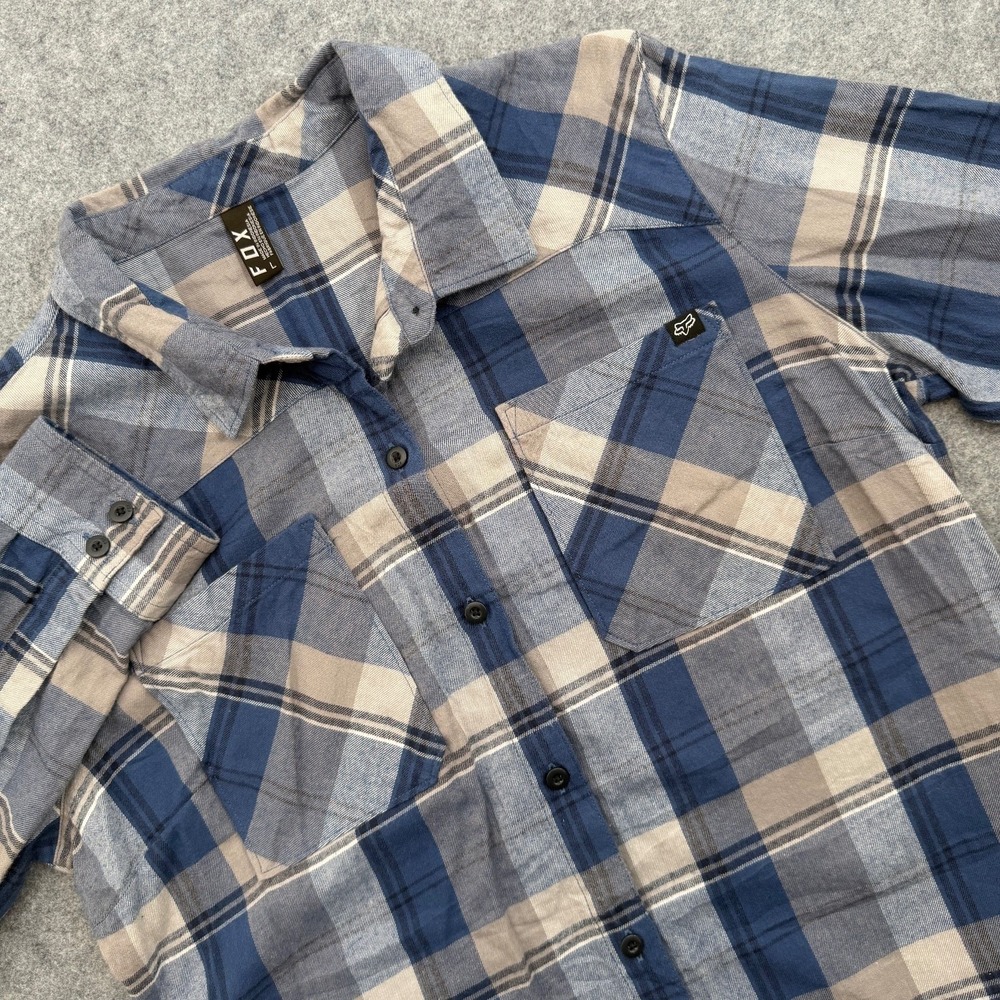 FOX Racing Men Blue Plaid Long Sleeve Button Up Dress Shirt Large Cotton Blend